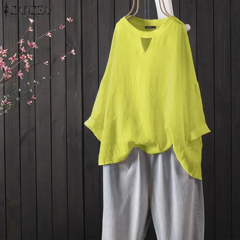 ZANZEA Женские повседневные блузки хлопок Туника Топы Твердые Полые Blusas офисные женские Рабочие Рубашки Сорочка плюс размер 5XL