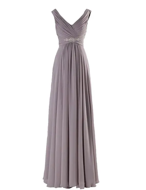 A Line Chiffon V Neck Crystals Eegant Off-Shoulder Formal Prom Wedding Party Bridesmaid Dresses Robe De Soiree Zipper Back Grey