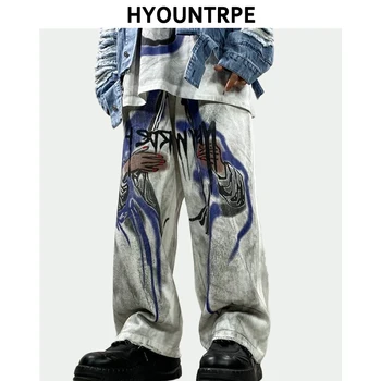 

High Street Graffiti Printed Retro Denim Pants Men Elastic Waist Loose Straight Jeans Hip Hop Streetwear Casual Wide Leg Joggers