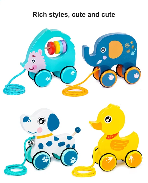8 Colors Children's Wooden Cartoon Animal Trailer Early Education Puzzle Hand Pull Rope Push Walker Building Blocks Kids Toy Car 6