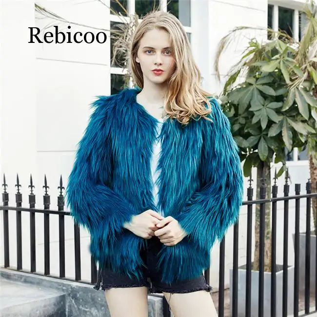 

Furry Fur Coat Women Fluffy Warm Long Sleeve Outerwear Autumn Winter Coat Jacket Hairy Collarless Overcoat Plus Size 6XL