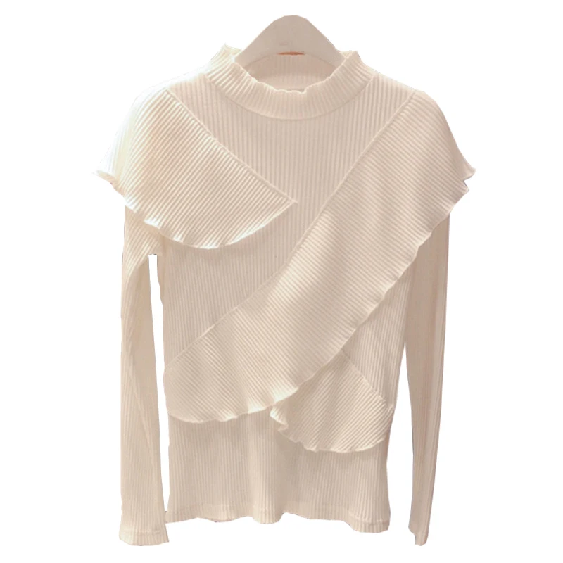 

2019 Autumn New Sweet T Shirts Women Irregular Ruffled Wild Cotton Top Female Fashion Solid Color Long-sleeved Women Clothing