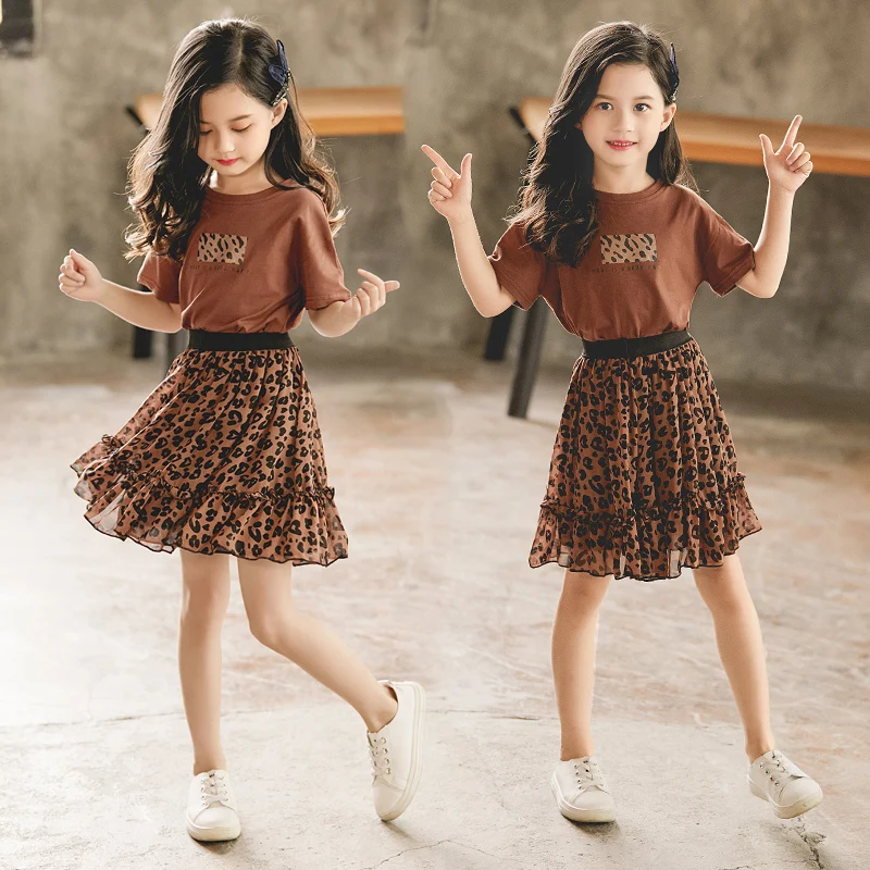 

2020 Children's Clothes For Girls Leopard Print Summer Shirt + Skirt 2pcs Kids Clothes Set Teenager New Costume 7 8 9 10 11 12