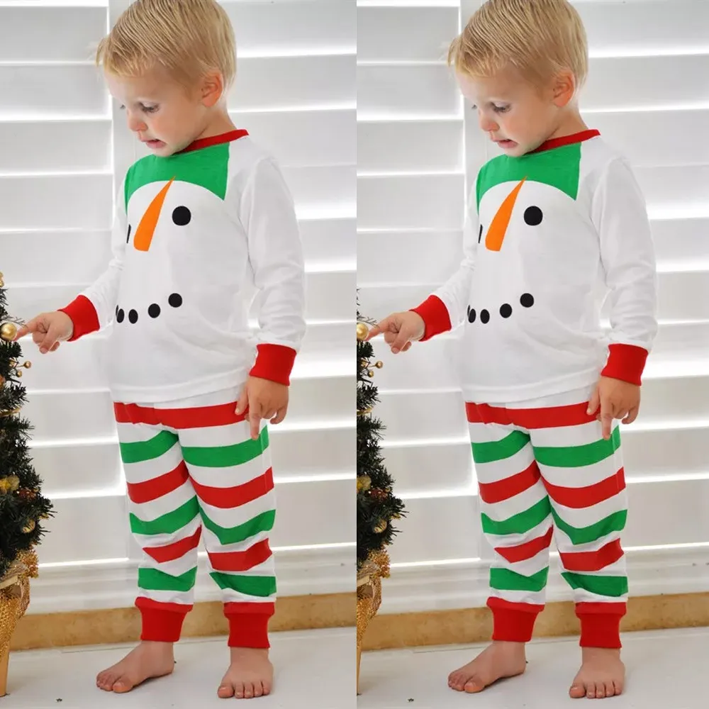 fashion baby girl clothes cotton long sleeve Solid Kids Snowman T shirt Tops+Striped Pants Trousers Christmas Clothes Set