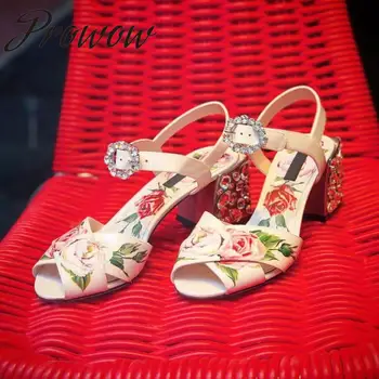 

Prowow New Genuine Leather Printed Floral Summer Sandals Open Toe Buckle Strap Crystal Heel HIgh Heel Sandals Shoes Women