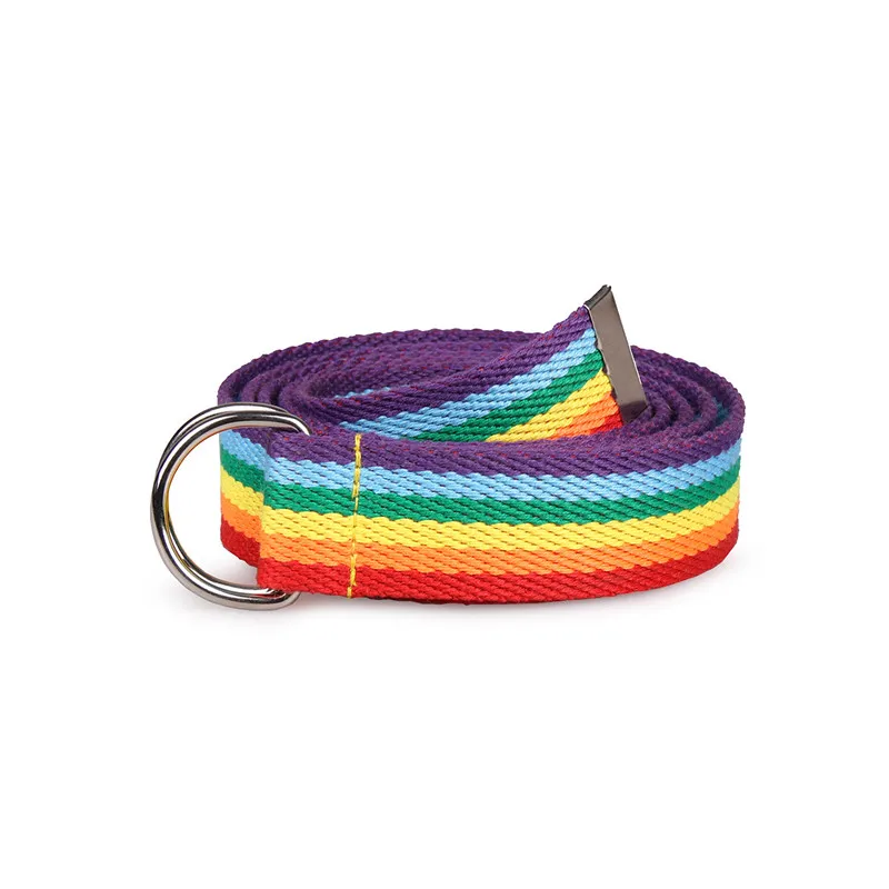 

Fashion Unisex Double Ring D-type Buckle Rainbow Strip Webbing Casual Wild Decorative Canvas Belt Women Alloy Circle Thin Strap