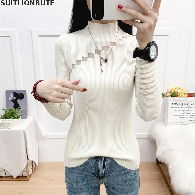 

Suitlionbutf Knitted Sweater Women Chest Hollow Pullover Half Turtleneck Sweater 7 Colors Korean Style OL Slimming Sexy Sweater