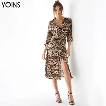 

YONIS 2020 Women Autumn Winter Bodycon Maxi Dress Leopard Classical Collar Slit Hem Front Button Long Sleeve Shirt Dress Vintage