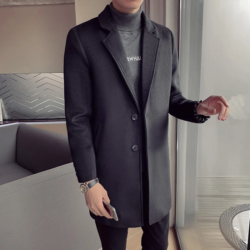 autumn and winter new windbreaker men's long section Korean version of the self-cultivation trend woolen coat youth jacket