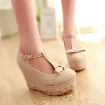 

CHIMIZHAI Pumps Women Shoes Wedge Heels Spring Pumps Butterfly Knot Summer Shoes T-strap Women Autumn Shoes 10.5CM MY109