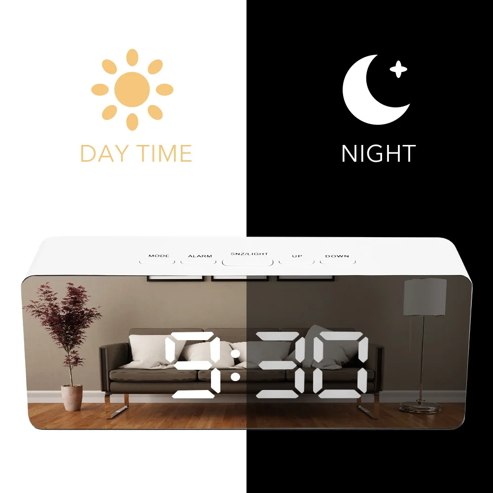 

LED Mirror Alarm Clock Electronic Large Time Temperature Display USB/AAA Powered