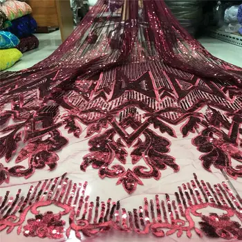 

Red Sequined Embroidered Net Lace Fabrics 2019 Classical Design African Guinea Sequins Wedding Mesh Prom Dresses Sewing Fabirc