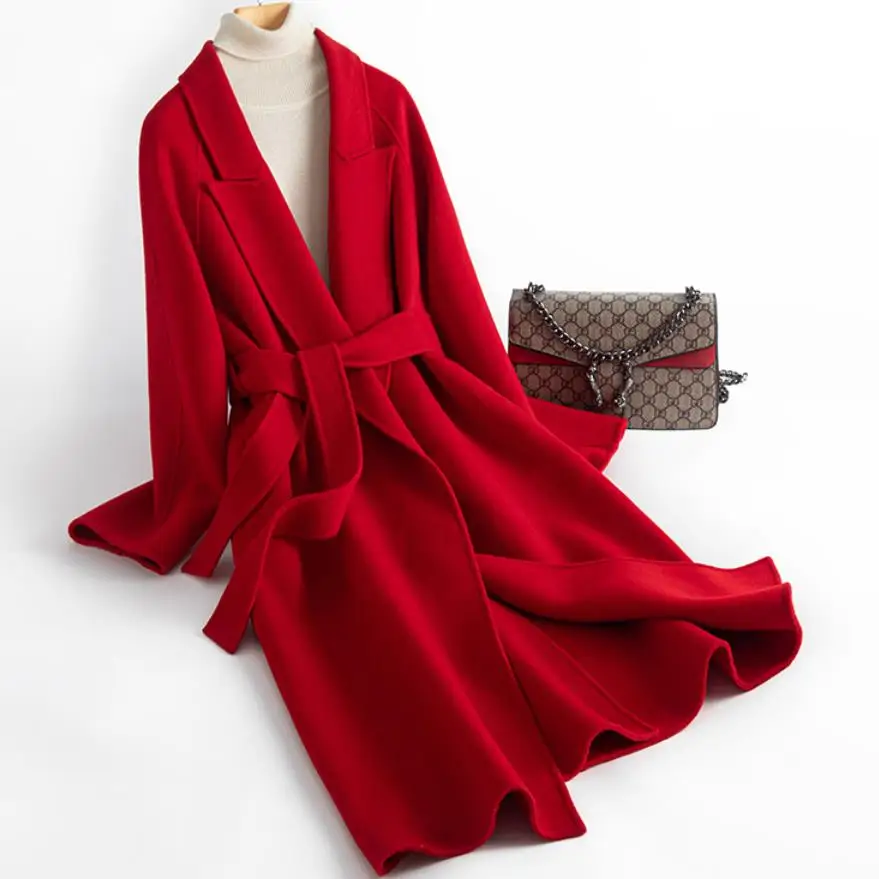 Женское кашемировое длинное пальто элегантное шерстяное с отложным воротником и