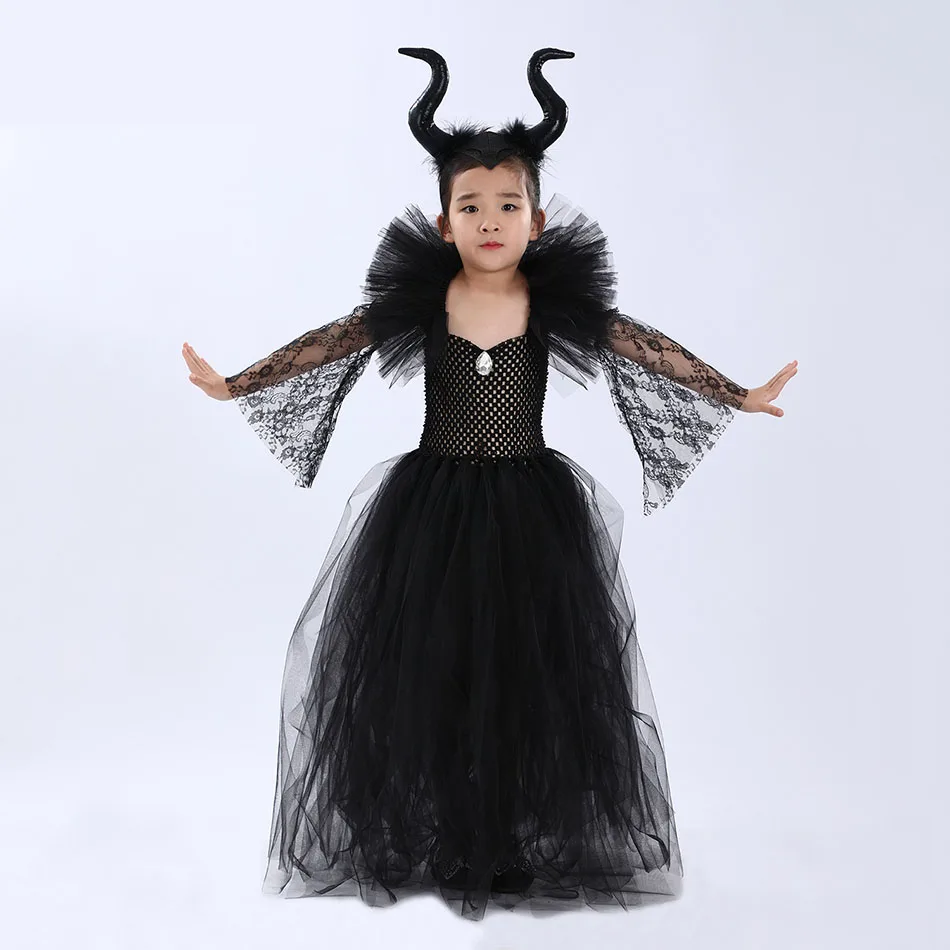 

Solid Black Halloween Witch Costumes Kids Girls Tutu Dress Ankle Length Dresses Lace Sleeve Devil Costume Cosplay Horns Wings