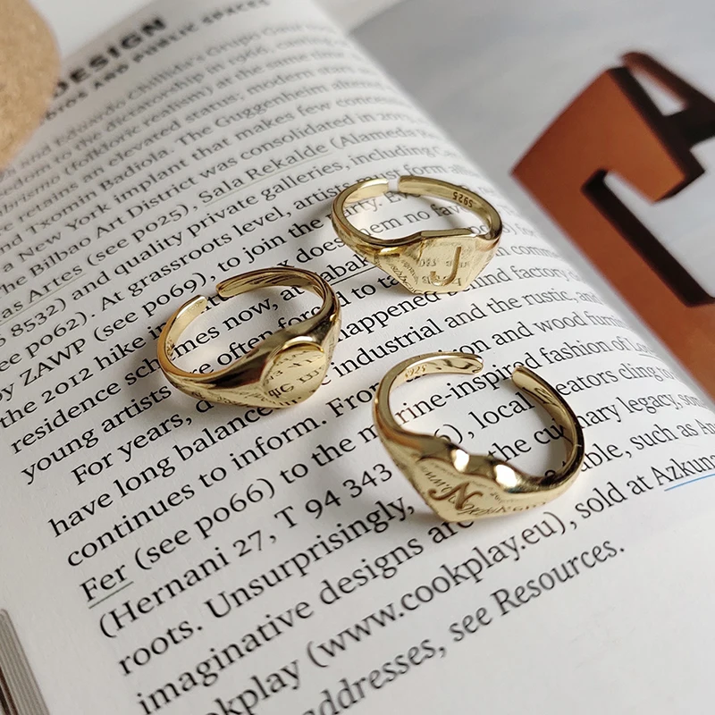  Peri'sBox 925 Sterling Silver Carving Initial Ring Gold Geometric Glossy Rings for Women Love Heart