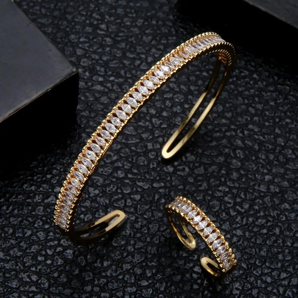 Luxury Unique African Bangle Ring Set Jewelry Sets For Women Wedding Cubic Zircon Crystal CZ Dubai Bridal Jewelry include 3sets