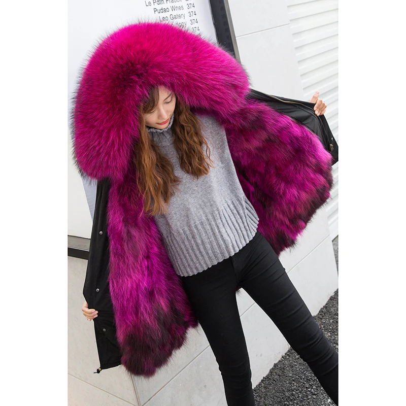 Womens Jacket Black Parka With Pink Fur Hood 2025 Parkas Natural