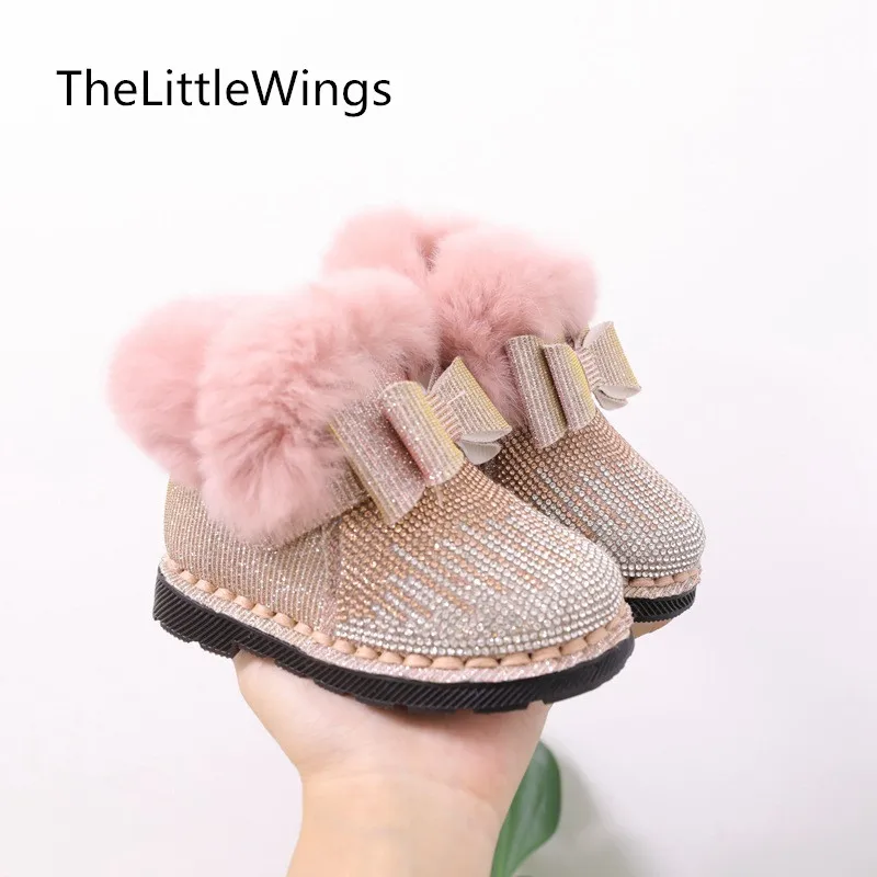 

2019 new winter children Snow boots 1-3 year old girl princess rhinestone bowknot non-slip soft bottom Keep warm casual shoes