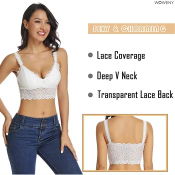 

WOWENY Sexy Lingerie Floral Lace Bralettes Solid Tank Crop Tops for Women Padded Deep V Neck Underwear Lace Halter Padded Bra XL