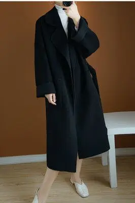 Зимние Для женщин Толстая теплая шерсть пальто халат Стиль Хай-стрит большой 2 Карманы с обеих сторон шерсти ручной работы X длинное пальто с поясом - Цвет: Черный