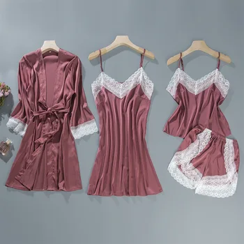 

Women Satin Pajama Sets Lounge Wear 4 Pieces Homewear Sexy Pajama Womens Summer Pijama Long Sleeve PyjamaHome Clothes