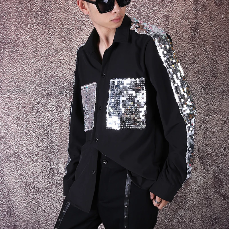 

Men Hip Hop Streetwear Punk Gothic Shirts Long Sleeve Sequins Splice Loose Casual Black Shirt Male Singer Stage Show Costumes
