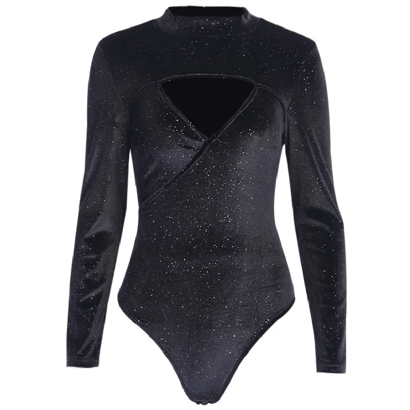 

Velvet Long Sleeve Bodysuit Women Elegant Turtleneck Hollow Out Body Suit Autumn Winter Bodycon Jumpsuit Basic