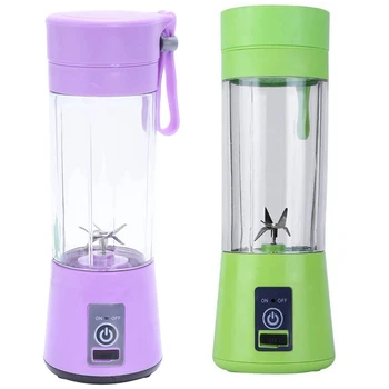 

2Pcs 380Ml Usb Rechargeable Blender Mixer 6 Blades Juicer Bottle Cup Juice Citrus Squeezers Reamers - Green & Purple