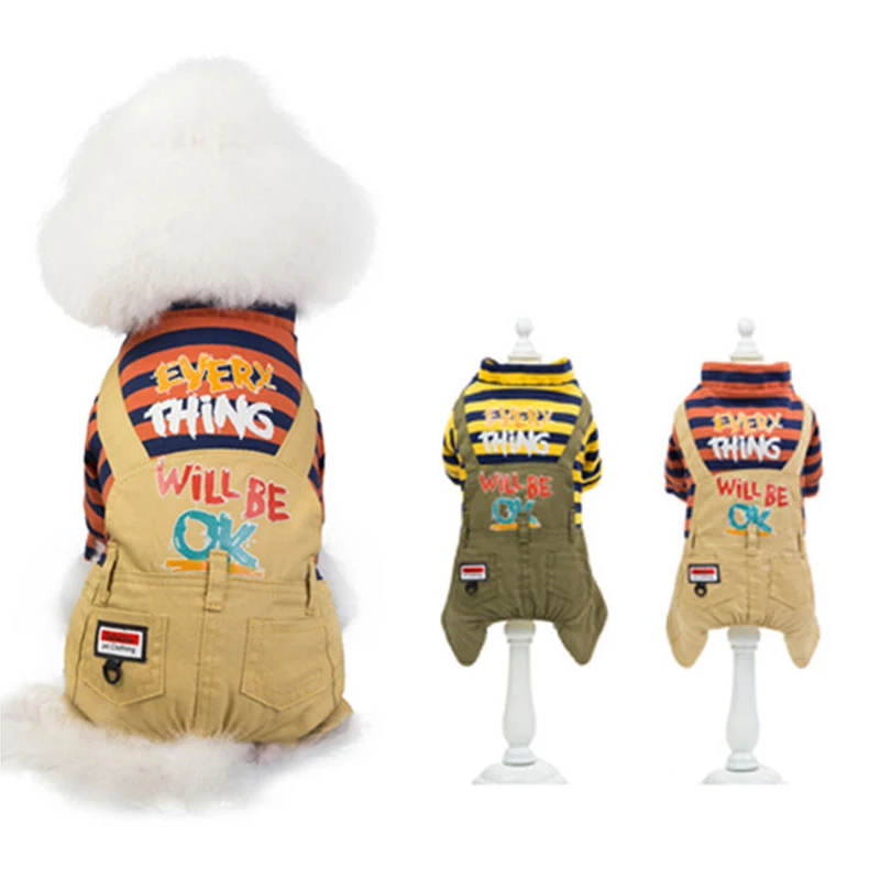For Small Medium Dog Striped Rompers Cute Letter Pet Jumpsuit Autumn Winter Cat Four-foot Clothes For Small Dogs Teddy S-XXL
