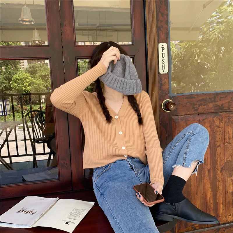 Women's Simple V-neck Cardigan Sweater New Autumn Korean Wild Cardigan Short Long-sleeved Sweater Students Coat Tide ML128