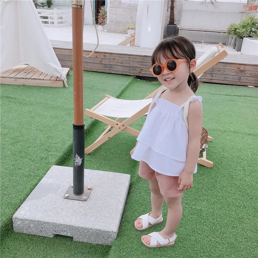 Small Big Brand Summer New Style Dungaree Shirt Korean-style Girls Baby Pure Cotton with Drawstring Camisole Cake Tops Fash