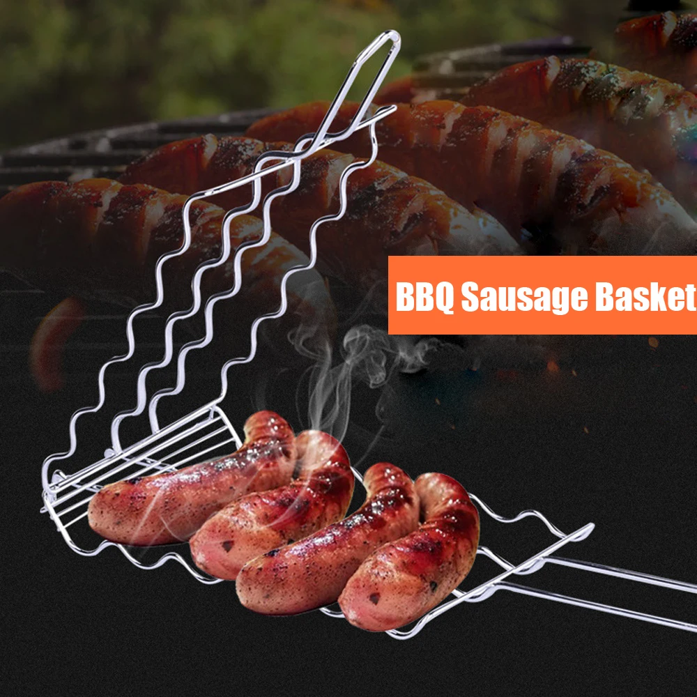 BBQ Barbecue Sausage Grilling Basket Hot Dog Rack Metal Mesh Baskets Grill Rack Barbecue Baskets