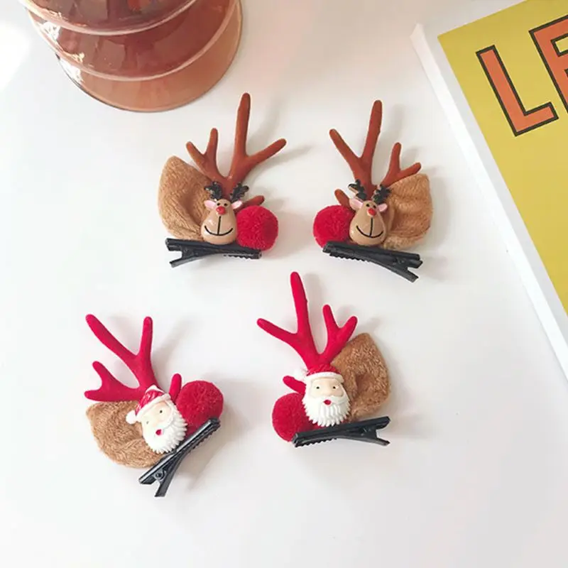 

2Pcs/Set Christmas Cute Hair Clip Cartoon Snowman Santa Deer Antler Horn Hairpin 35EF