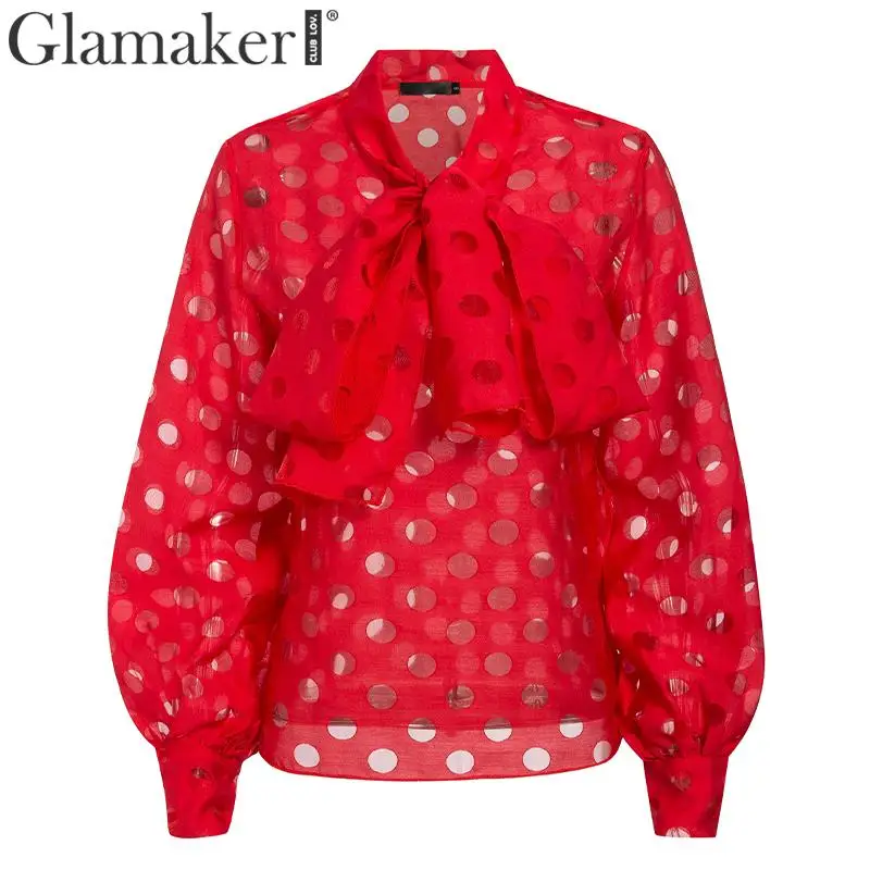 Red dot Glamaker, органза, галстук-бабочка, красная блузка в горошек, рубашка, для женщин, рукав-фонарик, весна, короткий топ, летний, сексуальный, элегантный, вечерние, топ, рубашка - Цвет: Red dot