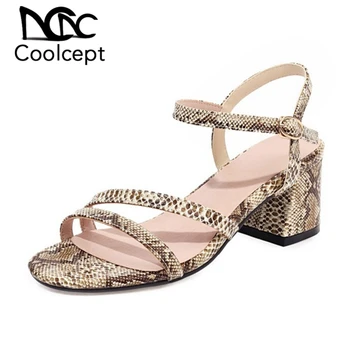 

Coolcept Plus Size 31-48 Women Sandals Shoes Fashion Serpentine Print Or Solid Shoes Women Square Heels Metal Buckle Footwear
