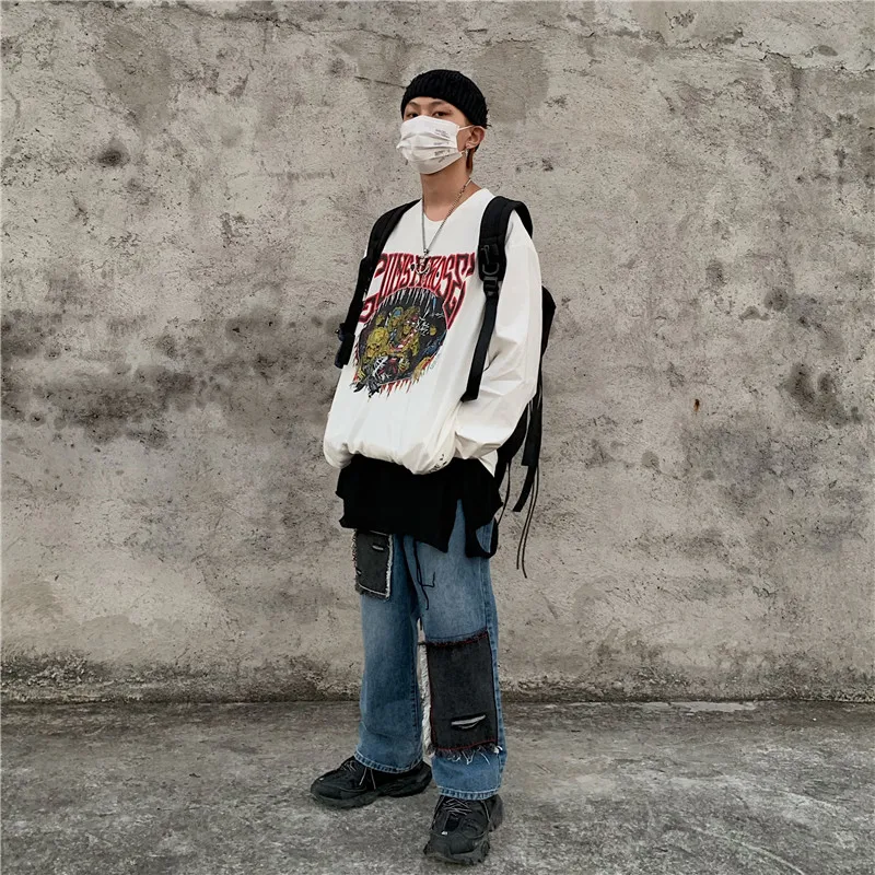 Patchwork Contrast Block Ripped Patches Elastic Waistband High Streetwear Denim Pant Plus Size Loose Women Man Jeans Harajuku
