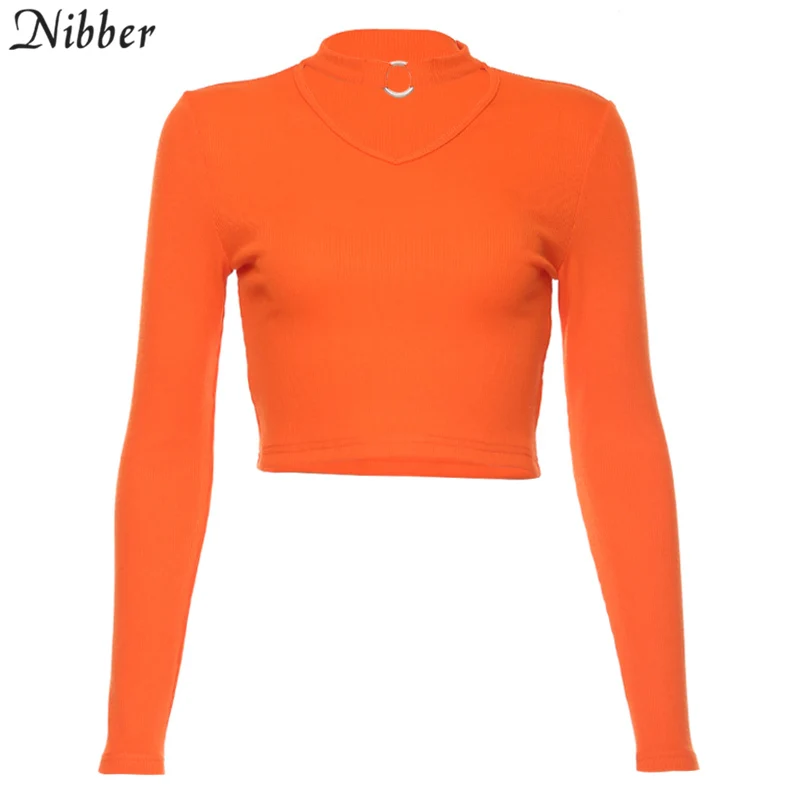 Nibber Harajuku чистый вязаный короткий топ с длинным рукавом Женские футболки модные уличные повседневные розовые черные простые Стрейчевые облегающие футболки - Цвет: Оранжевый