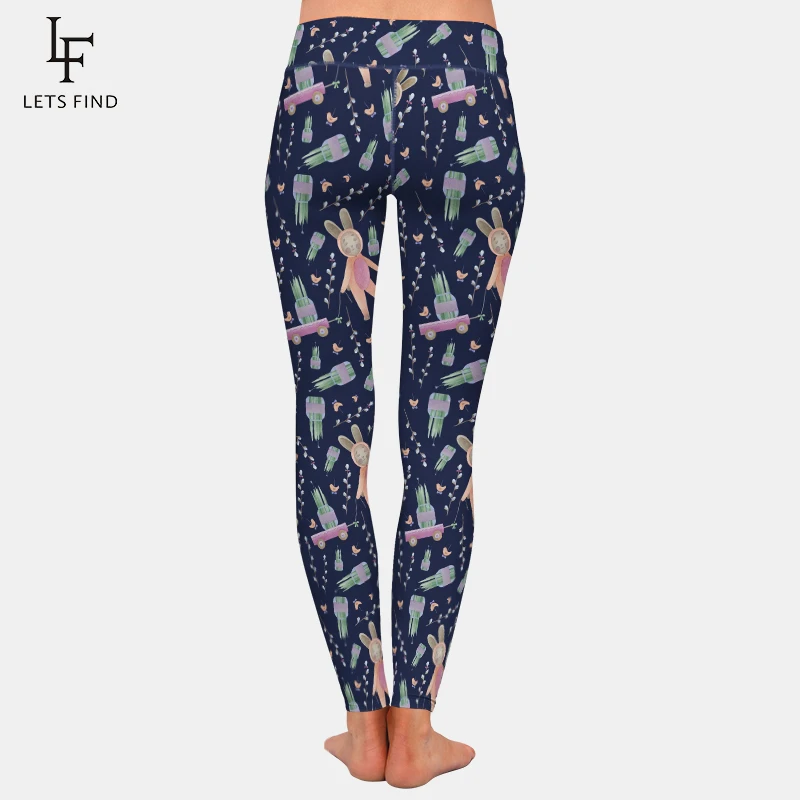 LETSFIND 2021 Spring Easter Rabbits and Willow Print Women Casual Leggings High Waist Plus Size Stretch Girls Leggings grey leggings