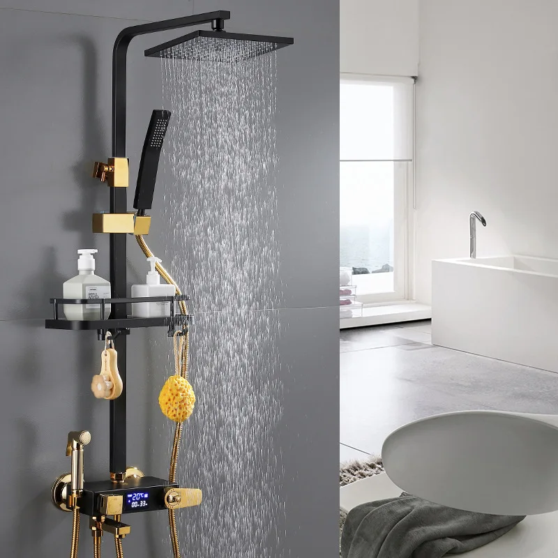 Hot Cold Shower System Bathroom Thermostatic Gold Shower Set Wall Mount SPA Rainfall LED Bath Faucet Square Head Modern Torneira