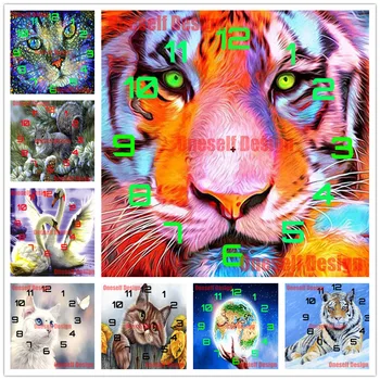 

new style diy diamond painting full square/round tiger 5d diamond embroidery full set clock great cat decor home wall sticker