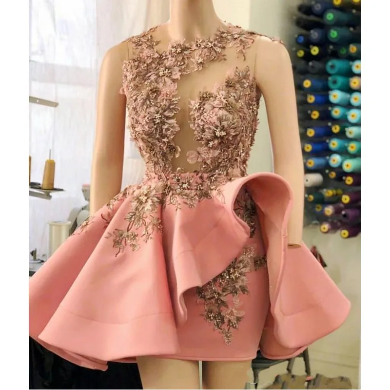 Blush Pink Short Cocktail Dresses Ruffles Peplum 3D Floral Appliques Beaded Sheer Neck Party Dress Mini Illusion Prom Dress