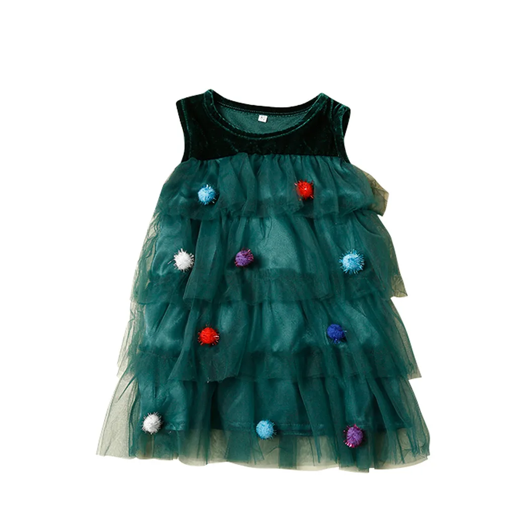 Рождественское платье для девочек зеленое Сетчатое платье с помпонами и золотыми бархатными рукавами, многослойная юбка-пачка, платье для рождественской елки, детская одежда выше колена,#5G4