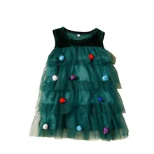 Рождественское платье для девочек зеленое Сетчатое платье с помпонами и золотыми бархатными рукавами, многослойная юбка-пачка, платье для рождественской елки, детская одежда выше колена,#5G4