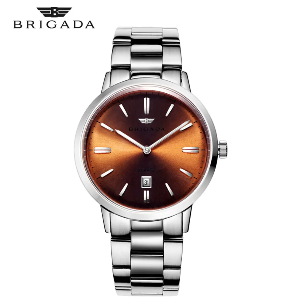 Кофе Мужские часы от ведущего бренда BRIGADA, мужские часы, кварцевые, с календарем, с датой, светящиеся, водонепроницаемые, 50 м, военные часы, сапфир, Reloj Hombre - Цвет: Кофе