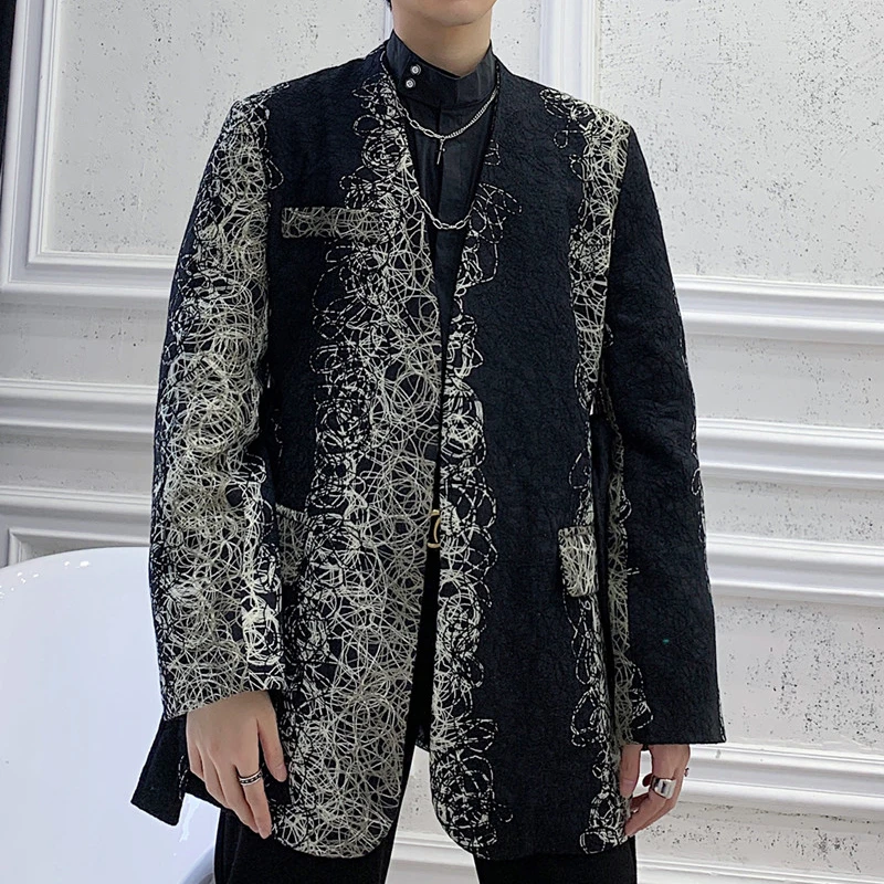 

Fashion Slim Fit Long Blazer Jacket Male Hip Hop Dancer Singer DJ Suit Coat Outerwear Stage Clothes Men Vintage Pattern Print