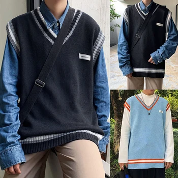 

Sweater Vest Men V-neck Shrug Patchwork Knitted Couples Ins Plus Size 3XL Oversize Harajuku Vests Ins Chic Korean Style Leisure