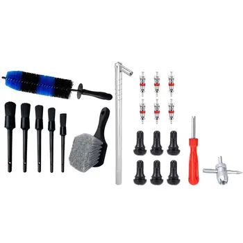 

1set Valve Stem Puller Installer Tool - 6Pcs Tr412 Tire Snap in Short Rubber Valve Stem & 7Pcs Wheel & Tire Brush