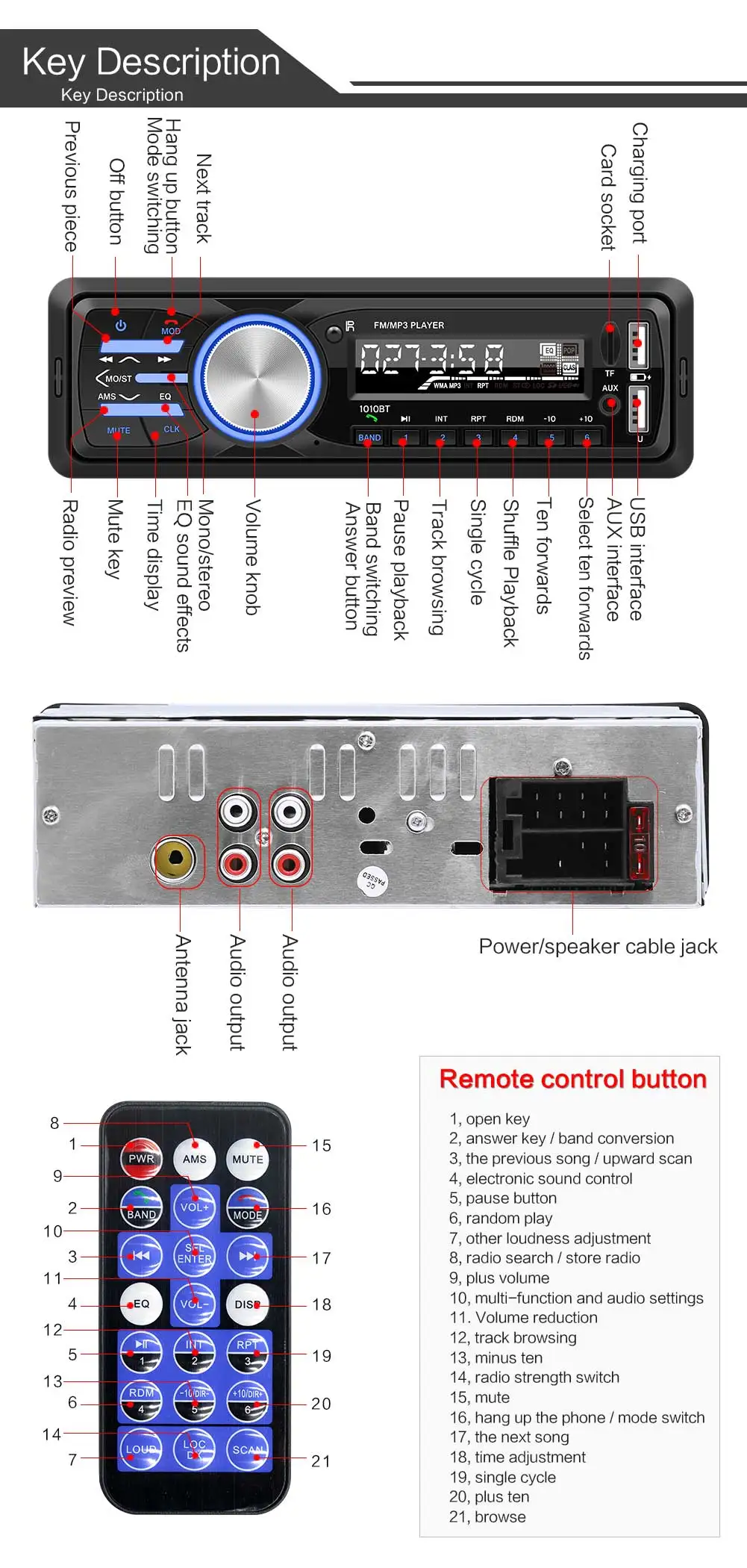 1010BT 1 Din Bluetooth Автомобильный mp3 плеер стерео аудио плеер с fm-радио AUX SD карта U Диск Играть ЖК-пульт дистанционного управления