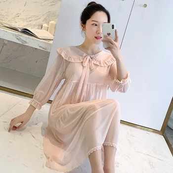 

women sleepwear New Mesh Long Sleeve Pijamas Women's Tank Top with the Thoracic Pad Piece long sleeve nightgown night dress