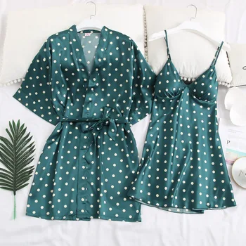 

Sexy 2PCS Nighty&Robe Suit Homewear Women Satin Kimono Bathrobe Gown Home Clothes Silky Dot Nightwear Sleepwear Casual Nightgown